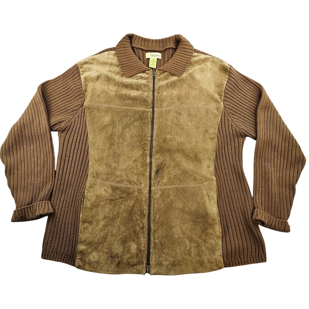 Vintage Cubavera Pig Suede Knit Jacket Mens XL Brown Ribbed Long Sleeve Full Zip